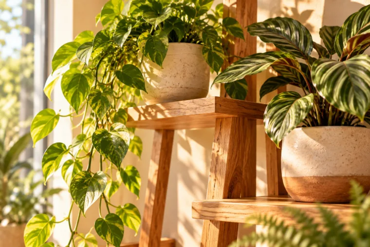 Porte-plante en bois naturel au veinage visible avec deux pots