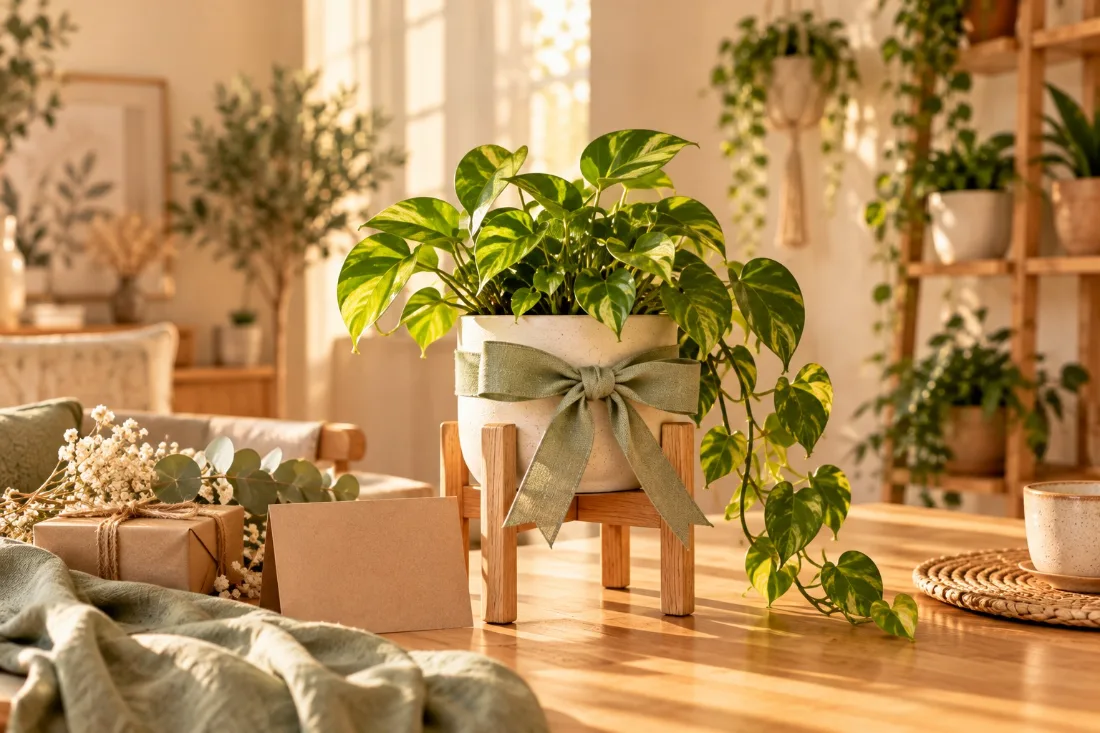 Petit porte-plante en bois avec une plante et un ruban sauge, offert en cadeau