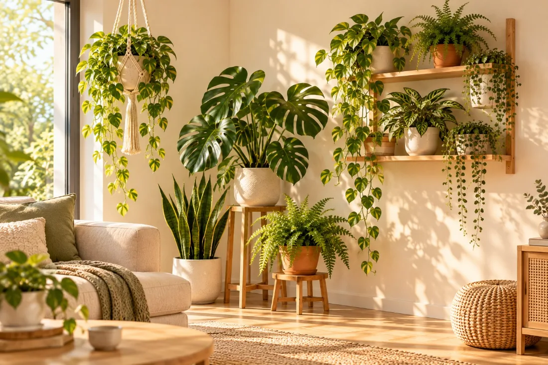 Coin de pièce avec des plantes à trois hauteurs grâce à un porte-plante, une étagère et une suspension
