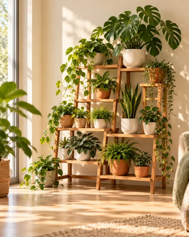 Étagère porte-plante en bois à plusieurs niveaux garnie de plantes