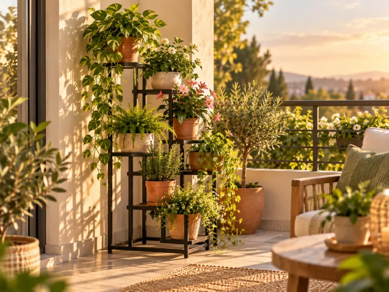 Balcon avec un porte-plante en métal noir garni de plantes et de fleurs