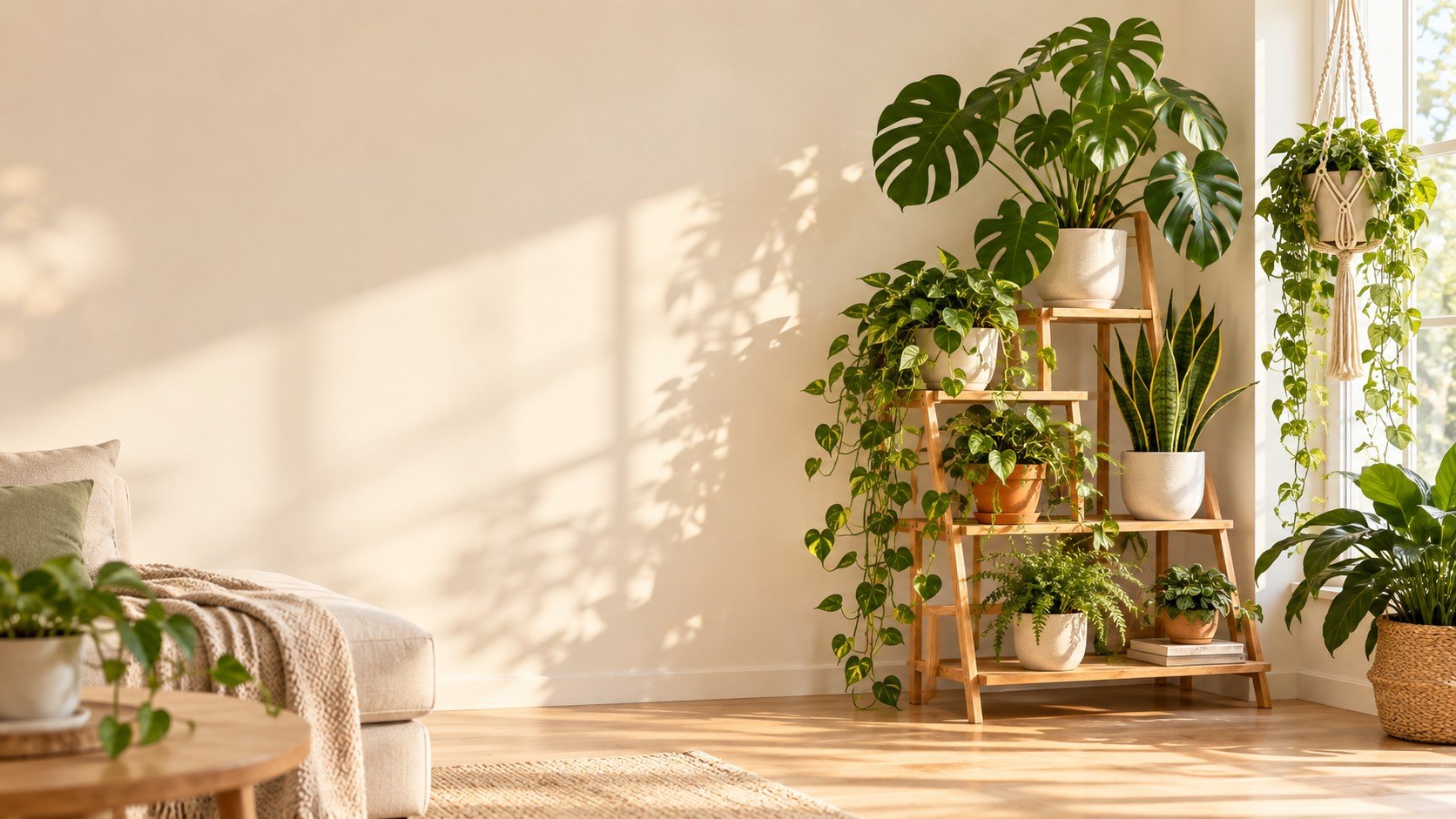 Salon lumineux avec un porte-plante en bois à plusieurs niveaux garni de plantes vertes