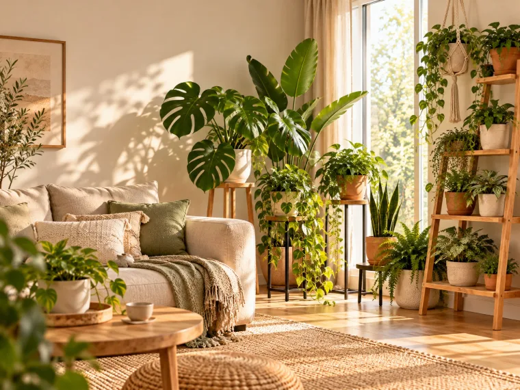 Salon avec plusieurs porte-plantes à hauteurs variées près d’une fenêtre