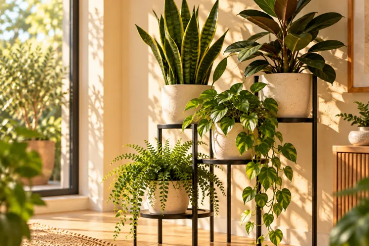 Porte-plante en métal noir mat au design fin avec pots blancs