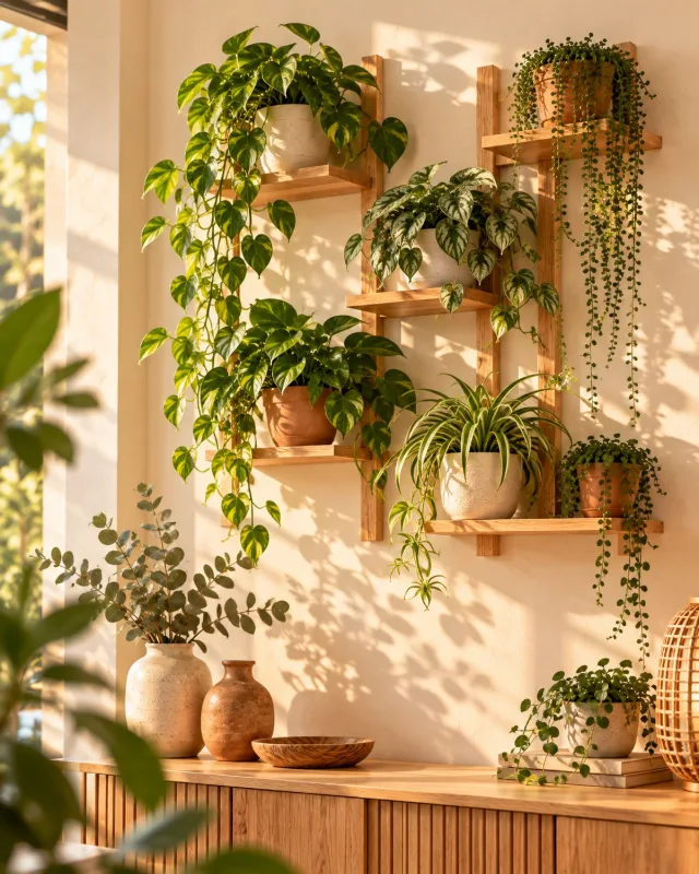 Porte-plante mural en bois clair avec petites plantes retombantes