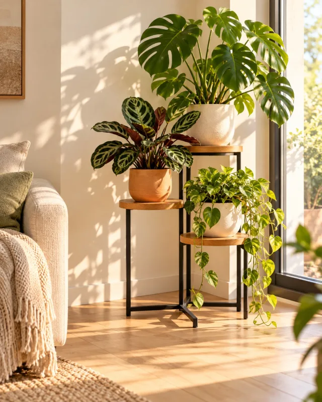 Porte-plante sur pied à trois plateaux dans un coin de salon