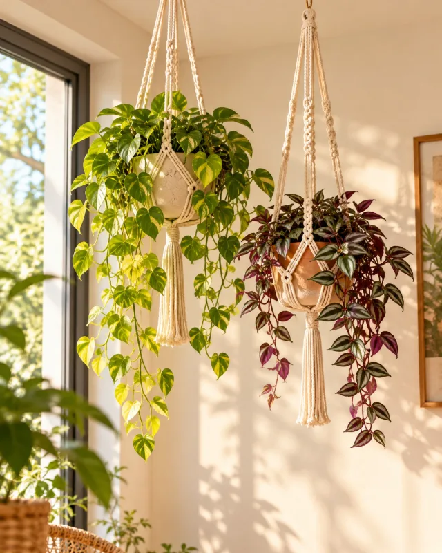 Suspensions en macramé avec plantes retombantes près d’une fenêtre